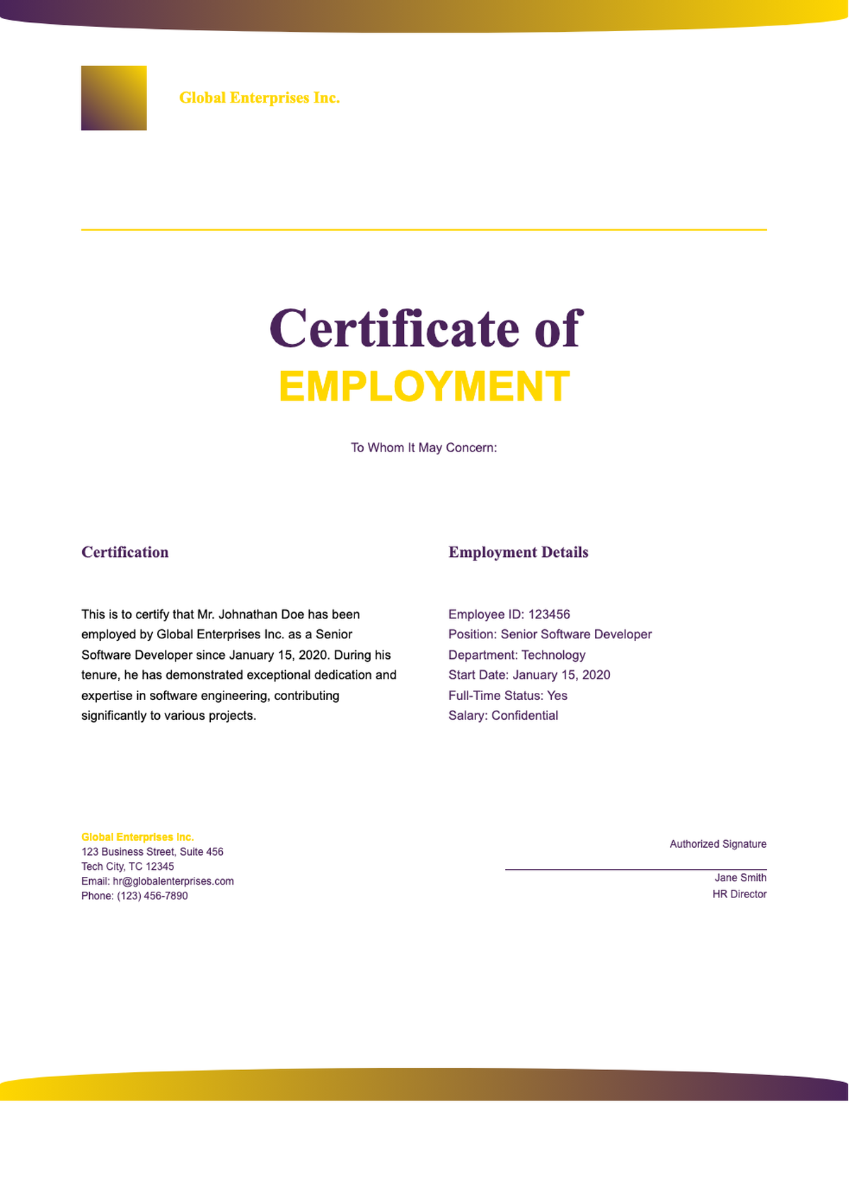 Basic employment certificate template with purple and gold design_variant_2